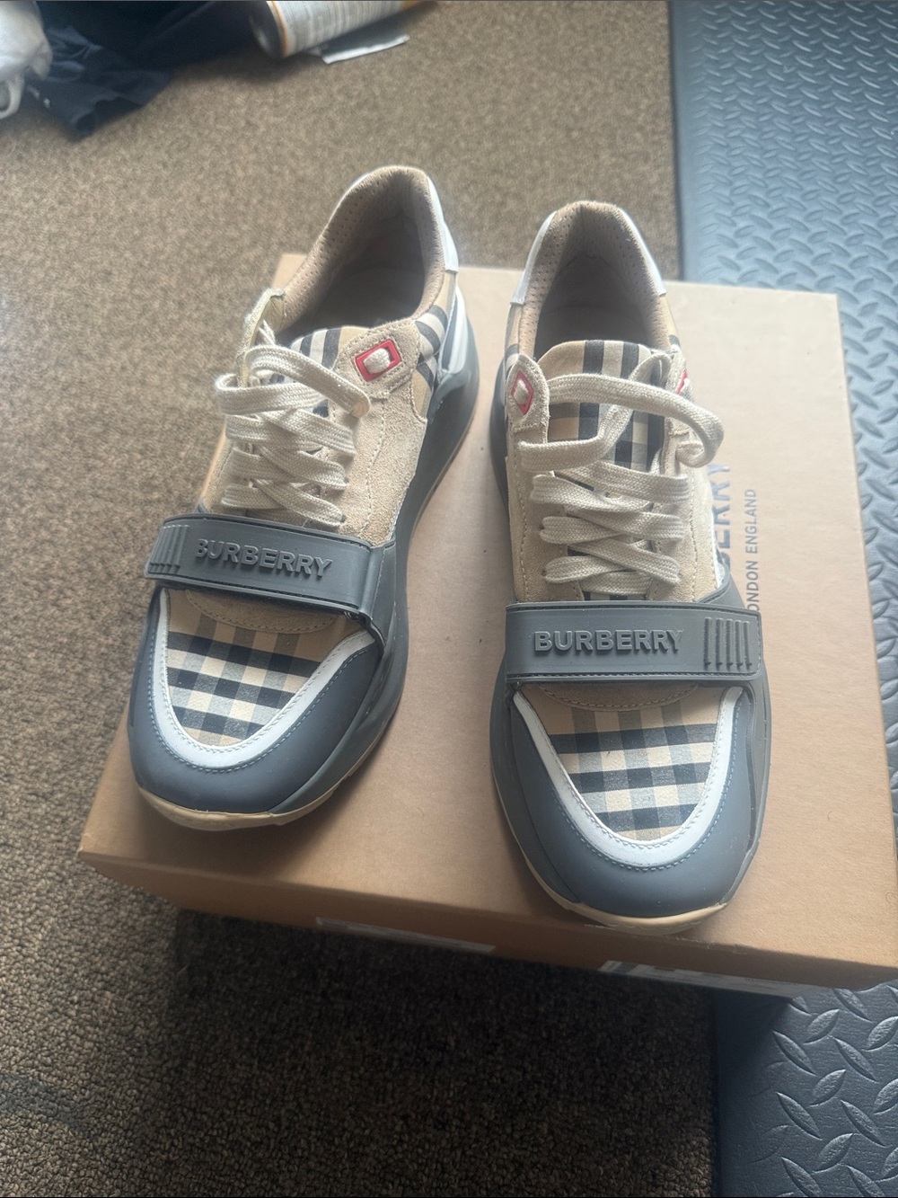 Burberry Beige and Black Check Strap Lace-Up Sneakers